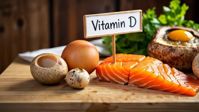 Fresh Food Sources of Vitamin D on a Wooden Cutting Board  