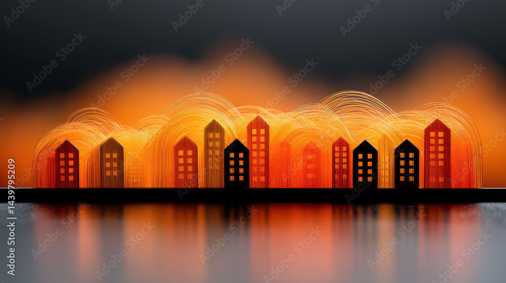 Poster abstract cityscape with flowing ribbon-like buildings creating dynamic architectural silhouettes at 