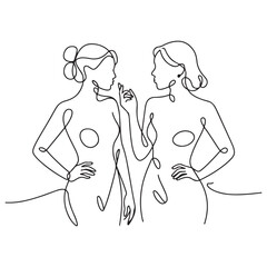 Two Women Talking Trendy Line Art Drawing. People Talking Minimalistic Black Lines Drawing on White Background. Continuous One Line Abstract Drawing. Peoples Modern Design. Vector Black silhouettes. 