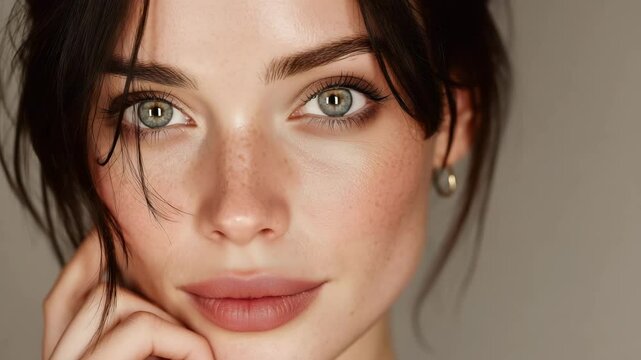 A close-up portrait of a young woman with clear skin, blue eyes, and natural makeup, gently touching her face. glass skin texture.