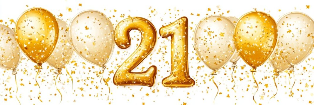 Golden Number 21 Celebration Balloons with Confetti for Twenty First Birthday Banner Design