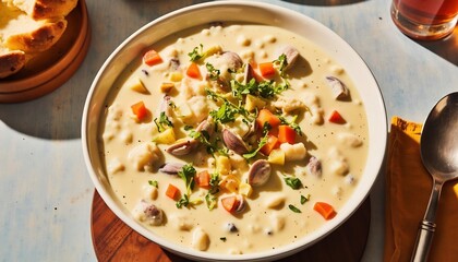 Creamy Clam Chowder With Vegetables And Herbs On A Rustic Table