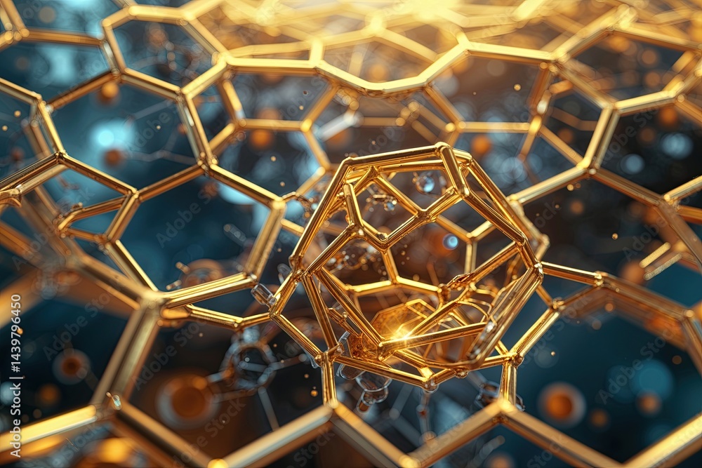 Poster hexagonal design on golden background exploring abstract technology and molecular advancements in sc