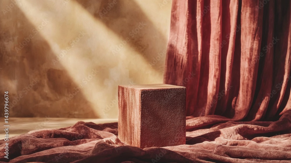 Poster textured cube on draped fabric illuminated by soft light in a serene indoor setting