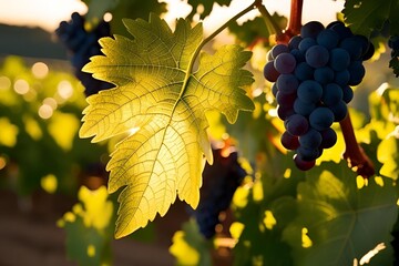 sunlight illuminating veins of green grape leaf.