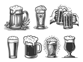 beer glasses and mugs with frothy tops, perfect for brewery, Oktoberfest, or pub themes set collection bundle sketch engraving generative ai raster illustration. Scratch board. Black and white image.