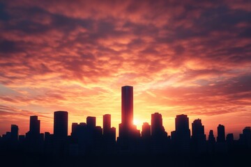 City skyline with sunset glow