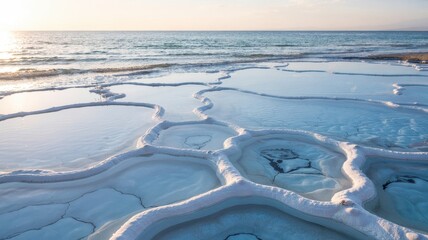 Dead Sea Mineral Formations With Blue and White Crystalline Patterns Landscape