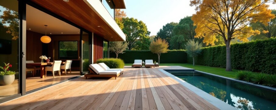 Luxury ipe deck, sleek modern home, rich wood grain, sunny patio , outdoor living, deck boards, wood