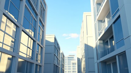 Modern urban vista Glass towers towards sky