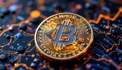 bitcoin close up illustration, golden futuristic cryptocurrency, financial revolution concept, bright digital economy visual.