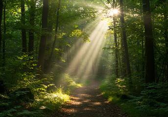 Sunbeams Illuminating Forest Path