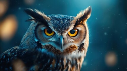 A regal owl stares directly into the camera, showcasing its striking features and vibrant plumage, embodying the essence of majestic wildlife in a beautiful setting.