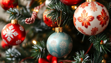 close up of a christmas tree with ornaments