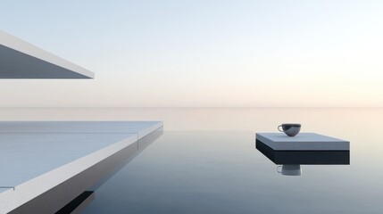 Obraz premium Modern Architecture, Calm Sea, Floating Coffee Cup