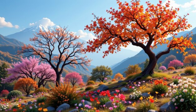 autumn spring tree and flower landscape, colorful changing seasons fusion, vibrant natural beauty, soft dreamy outdoor scenery.
