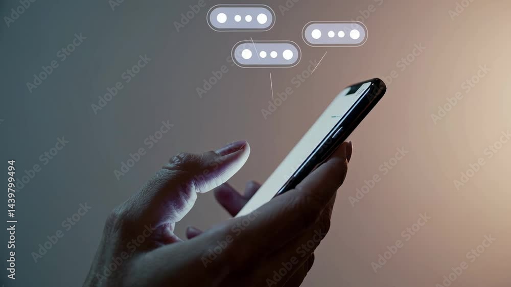 Poster Hands holding smartphone with increasing number of message icons appearing above, representing notification overload and digital communication