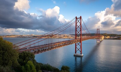 Fototapeta premium Panoramic view of the iconic 25 de Abril Bridge in Lisbon, Portugal at sunset, cityscape, river, clouds, bridge, tourism