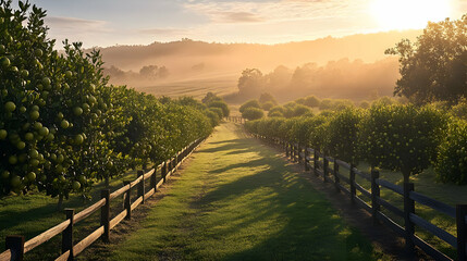 Obraz premium Sunrise over Misty Orchard: Serene Countryside Landscape Photography