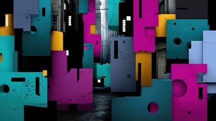 Colorful Abstract Urban Art Installation with Bright Pink, Cyan, Yellow, and Black Geometric Panels