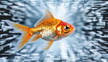 Goldfish Swimming Through Futuristic Blue Holographic Digital Space, Modern Technology
