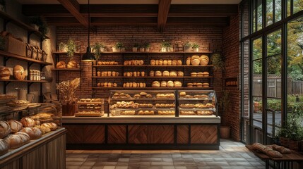 Rustic bakery interior with brick walls large glass displaying fresh bread pastries and baked goods warm inviting atmosphere cozy shop decor
