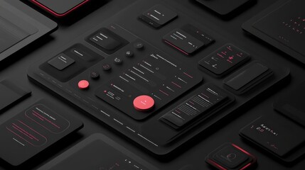 Dark, futuristic interface design elements, overlaid and layered