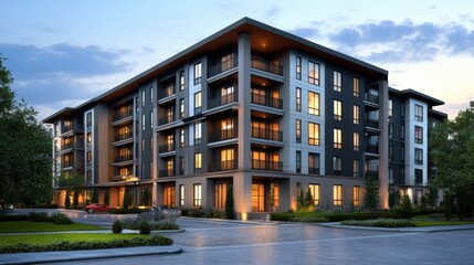 Modern apartment building facade, real estate exterior