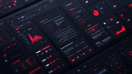 Dark, futuristic, multi-screen interface with red highlights, showing various data visualizations and controls