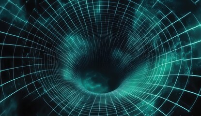 Teal grid tunnel leading into dark void