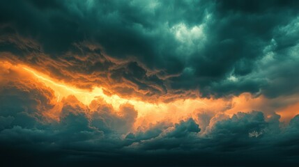 Obraz premium Dramatic stormy sky with dark clouds illuminated by vibrant orange and yellow sunlight creating a striking atmospheric scene perfect for weather and nature themes