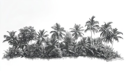 Lush Tropical Landscape with Various Trees and Palm Fronds