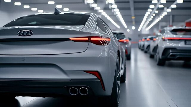 Brand new silver cars are leaving the production line in a modern, brightly lit factory, showcasing the final stages of automotive manufacturing