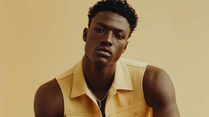 Obraz premium Young man poses confidently against a soft yellow background showcasing contemporary fashion style and unique features