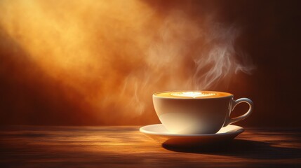 Obraz premium Cozy warm coffee cup steaming hot beverage on wooden table in dim ambient lighting creating inviting relaxing atmosphere perfect for morning or evening enjoyment