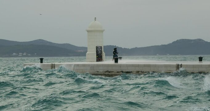 Strong Waves from the Jugo Wind Crash on the Promenade in Zadar, Croatia