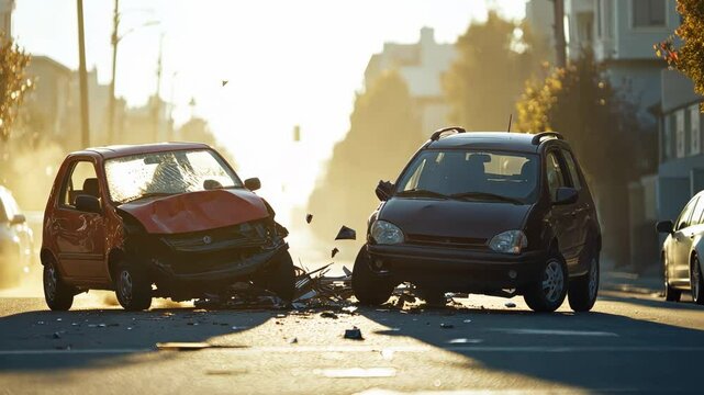 Two heavily damaged cars rest in the middle of a city street after a collision, debris scattered around them, suggesting a significant impact