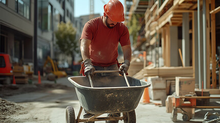 Construction Worker Pushing a Wheelbarrow