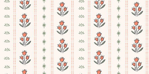 Seamless pattern with freehand ink doodle abstract flowers. Trendy floral vertical stripe background. Hand drawn vector illustration. Boho, cottage core, retro wallpaper.