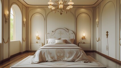Elegant Bedroom Interior With Double Bed, Night Tables, Armchair And Seaview Through Window