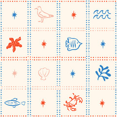 Seamless pattern with freehand ink doodle abstract fishes, crab, seagull in grid.Trendy tropical tile checkered background. Hand drawn vector illustration.Boho, coastal beach, jungle wallpaper.
