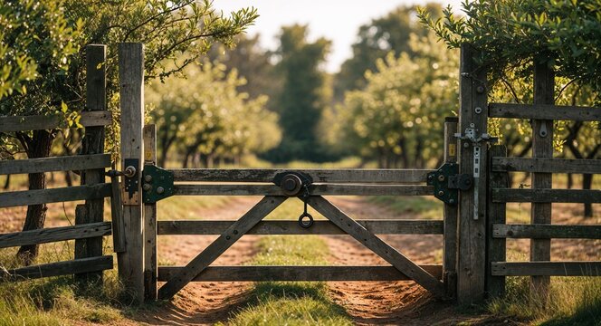 Farm gate latch with orchard trees background