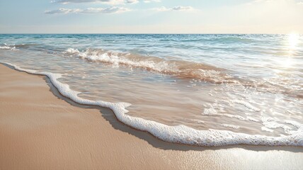 Obraz premium Golden Hour at the Beach: Serene Ocean Waves Washing Ashore beach ocean sea sand wave coastline foam
