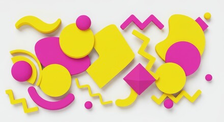 A vibrant assortment of yellow and pink geometric shapes scattered on a white surface creating a playful design