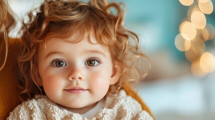 This captivating image features a cute baby girl with curly hair, bright expressive eyes, and a warm smile, evoking feelings of joy, innocence, and love in a soft background.