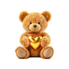 Teddy bear holding golden heart on transparent background