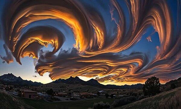 Dramatic sunset clouds swirling over mountains.