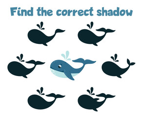 Find correct whale shadow. Educational game for children, kindergarten preschool or home activity. Cartoon whale and whales silhouettes with water drops, classy vector template