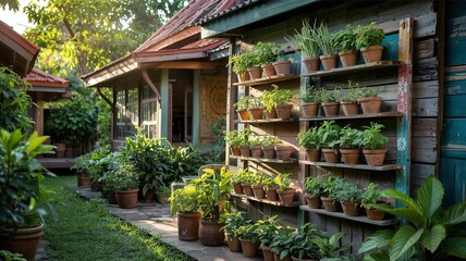 Old wooden house with tiered potted plants along the wall. A stone path stretches through the lush garden under the warm evening light.