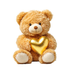 Teddy bear holding golden heart on transparent background